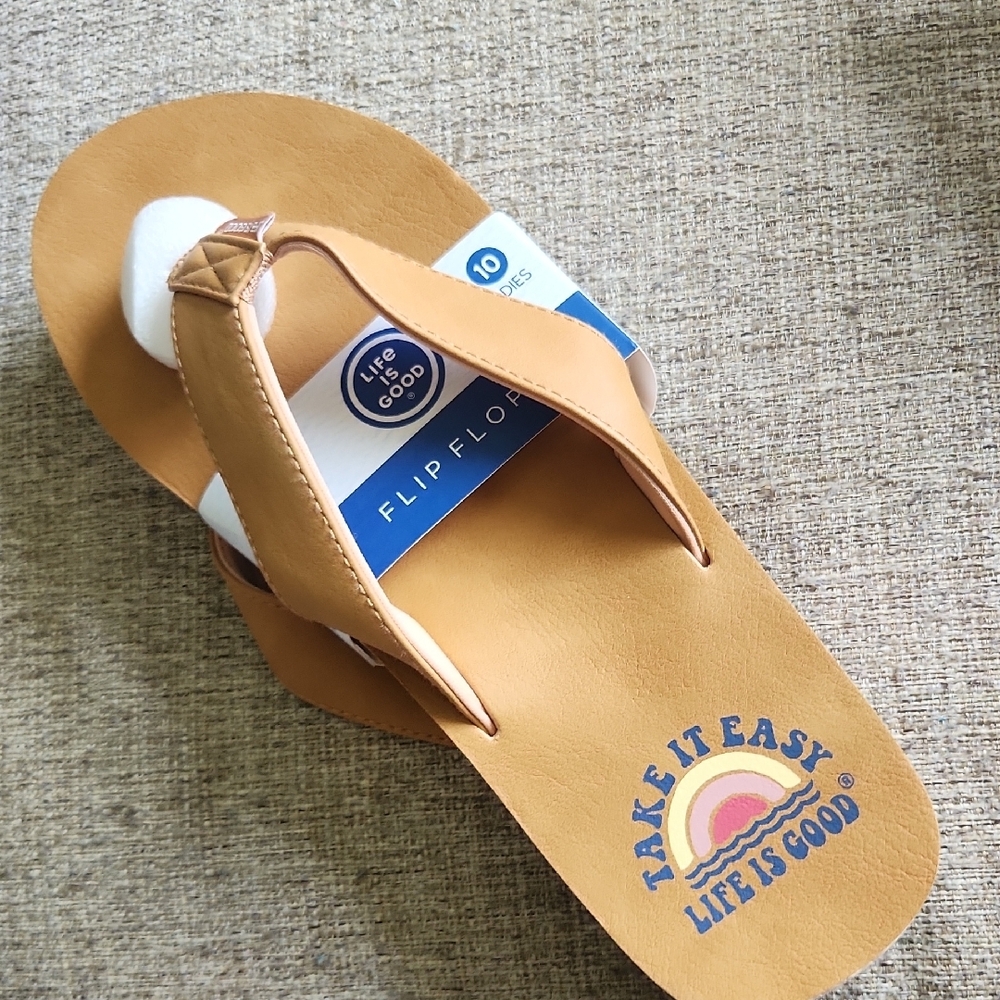 Life Is Good Brown Flip Flops with Rainbow Design
